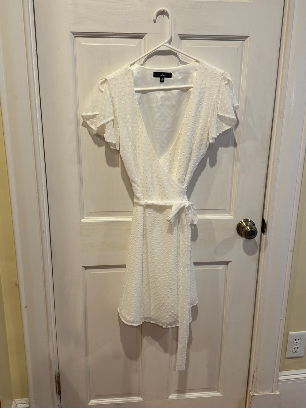 Lulus White Wrap Dress- Swiss Dot, Flutter Sleeve- Size Medium